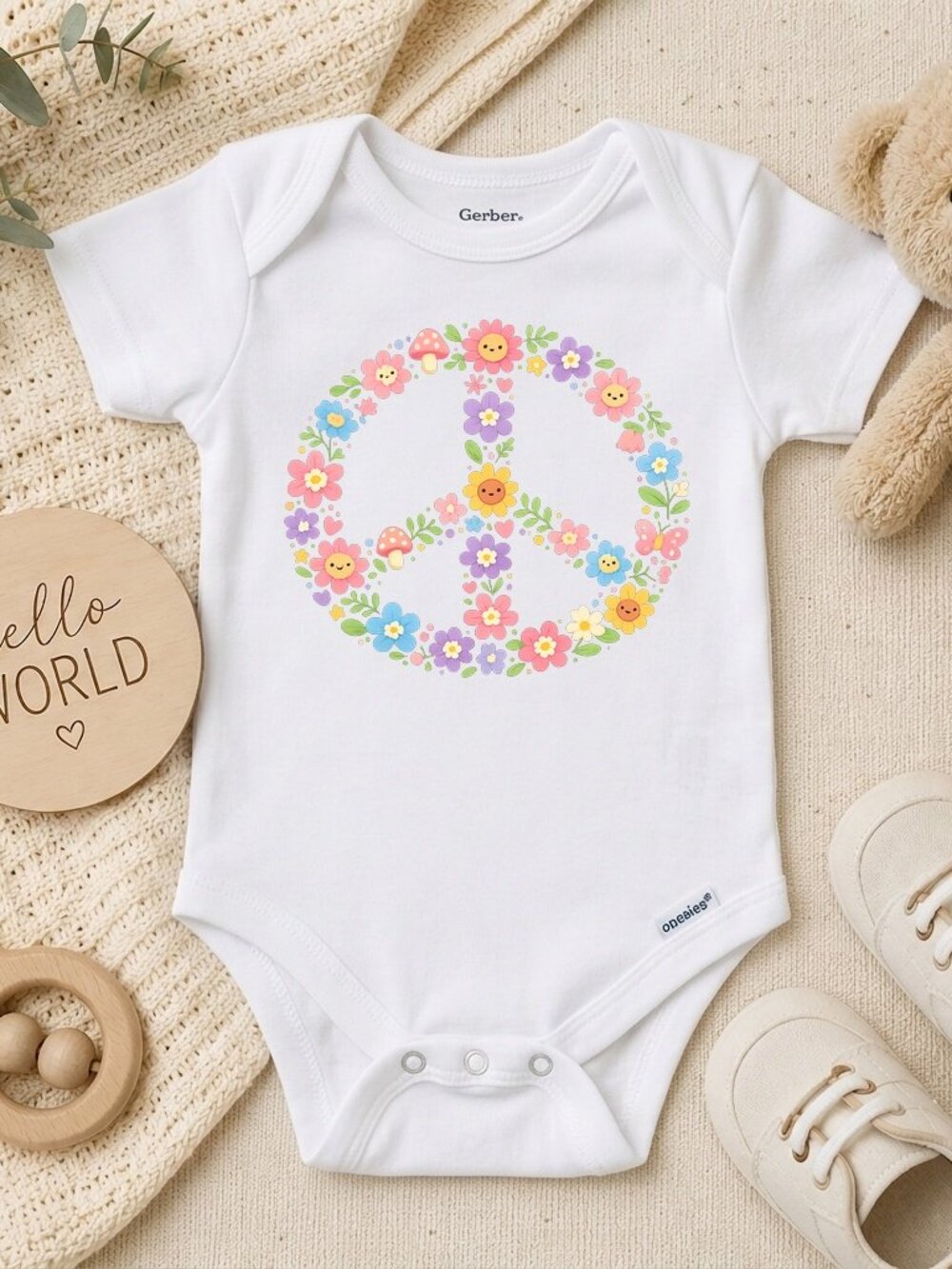 Retro Peace Sign Floral Hippie Vintage Baby Shower Gift ONESIE®
